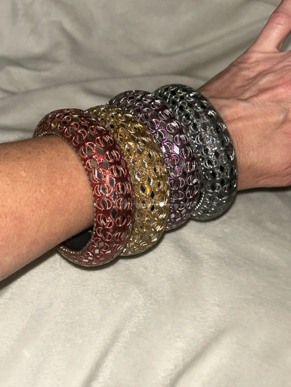 Vintage Stackable Domed Filigree Mirrored Bangle Set - Gold, Silver, Purple, Red